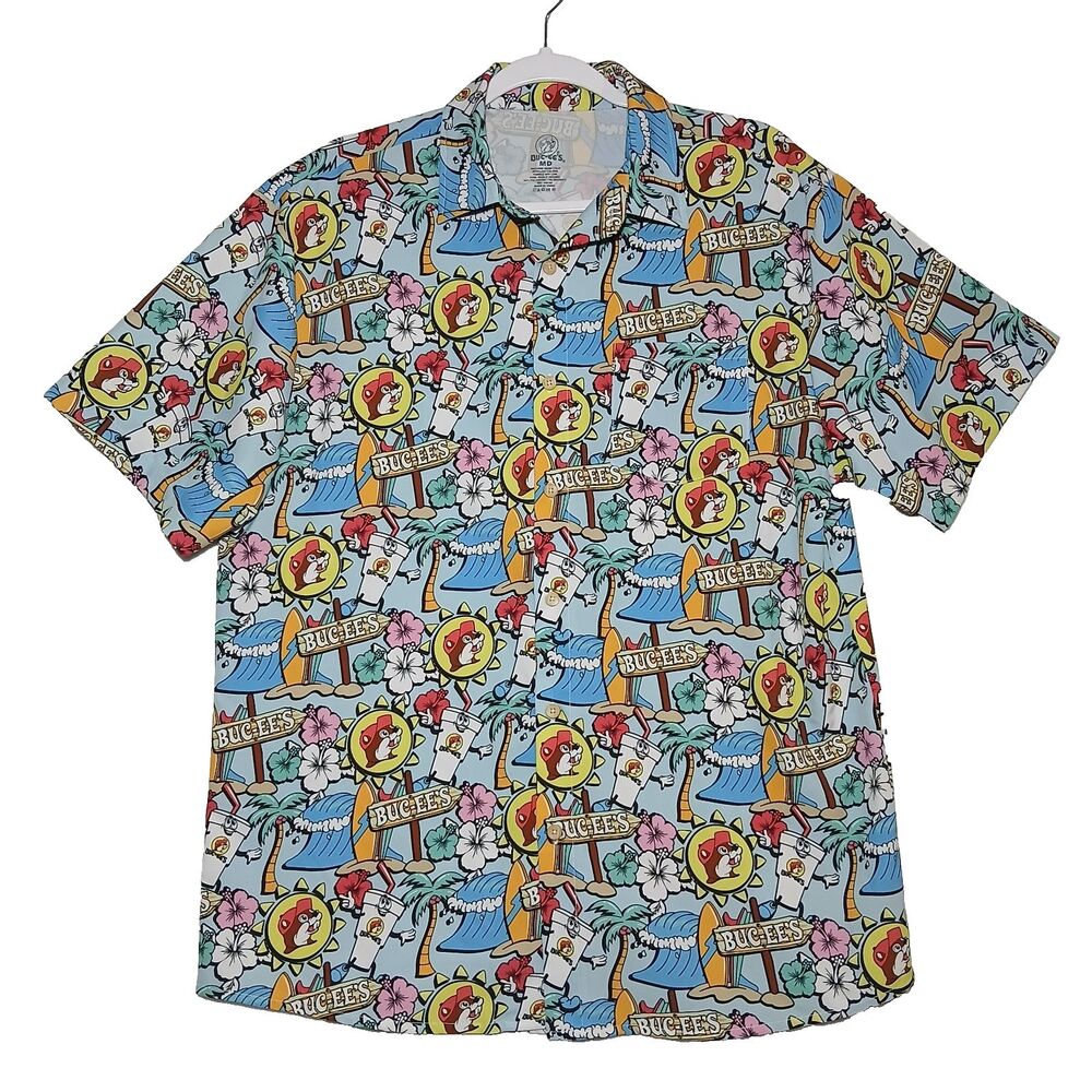 Buc-ees Beaver Hawaiian Button Up Shirt Mens Med Summer Camp Short Sleeve #985